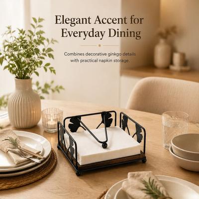 Napkin Holder, with Anti-Slip Wooden Base And Weighted Arm, Smooth Access Square Iron Napkin Stand, for Restaurants Cafes Hotels