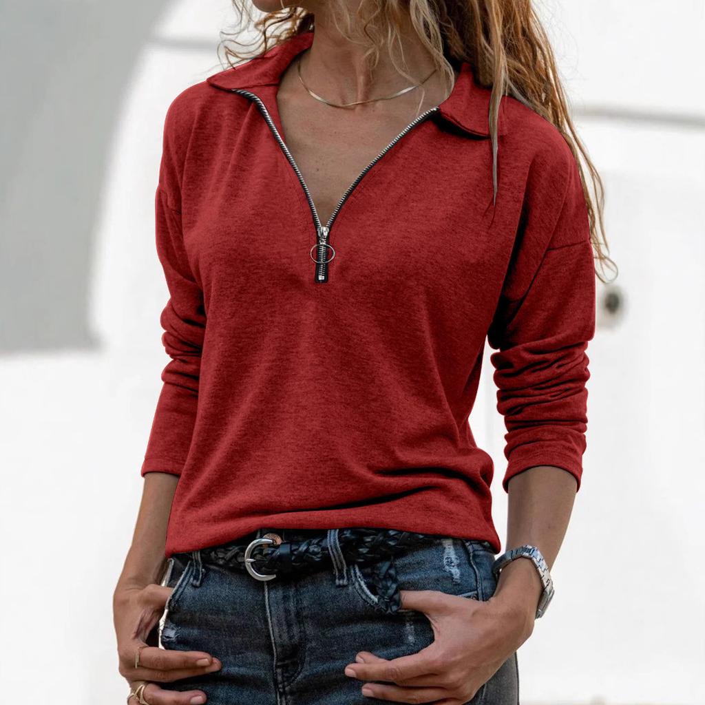 Autumn and Winter Knitted Fabric Lapel Zipper Casual Women's Pullovers & Long Sleeves
