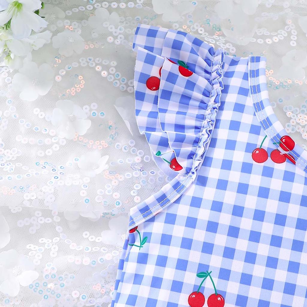 Cute Cherry and Plaid Print Girls One Piece Swimwear Ruffled Flutter Sleeves and Hem Summer Hot Sale for 4 7 Years Girls Pool Beach Wear