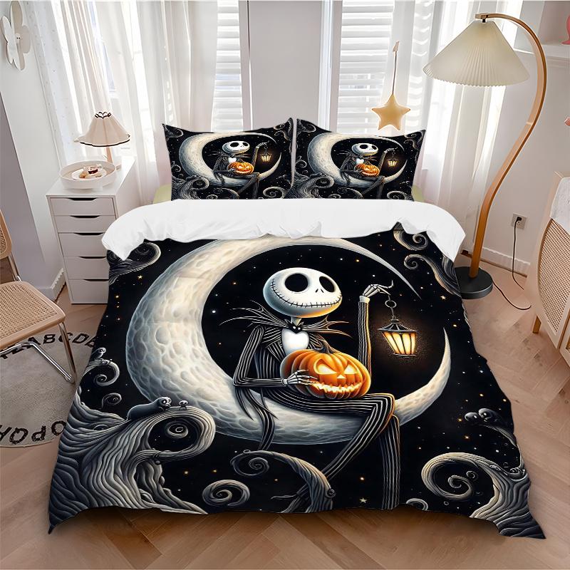 3pcs Jack Skellington Halloween Bedding Set, Including 1 Quilt Cover and 2 Pillow Shams, Without Filling, Soft and Comfortable Home Bedroom Fabri