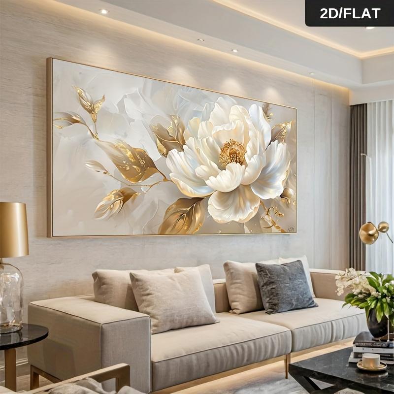 Un murale moderno astratto di peonie dorate - perfetto per l'arredamento del soggiorno e della camera da letto. La tela stampata, morbida e di colore chiaro, presenta