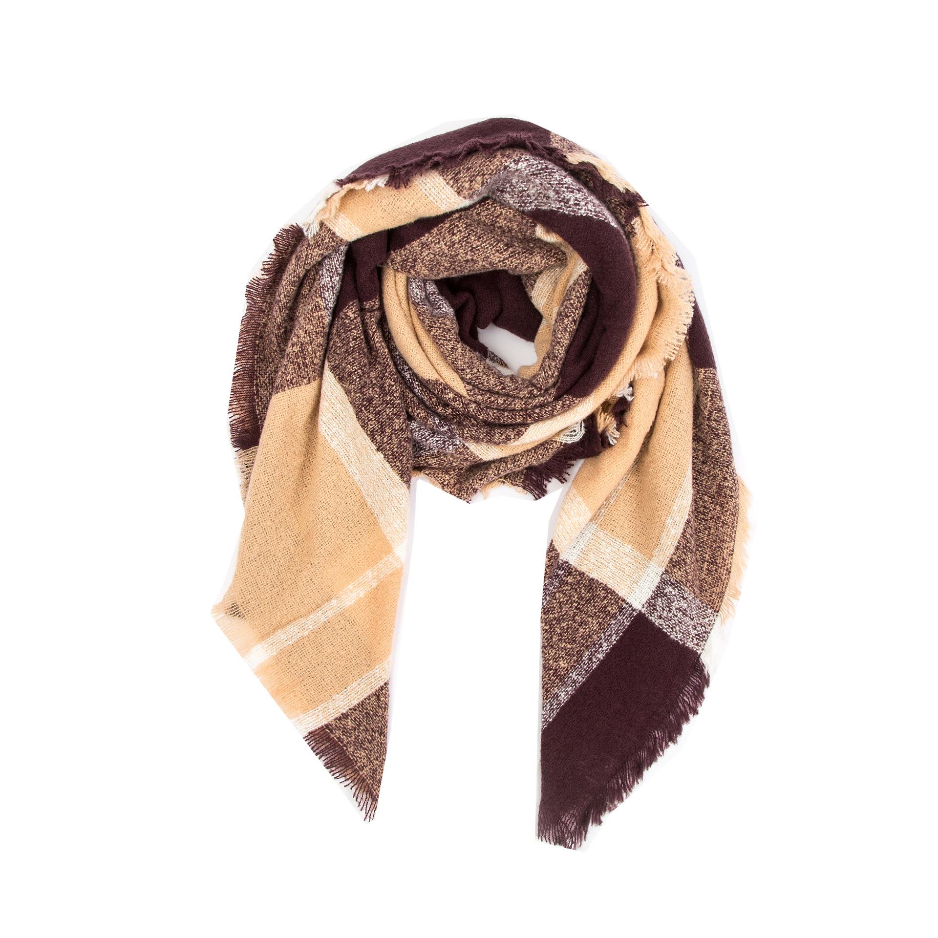 Осенне-зимняя шаль, женский теплый синий клетчатый квадратный шарф коричневый