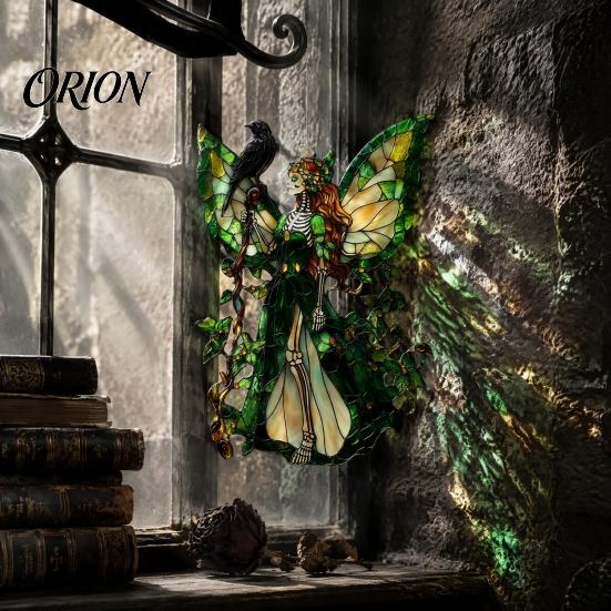 Decorative Hanging Ornaments Stained Glass Style Skeleton Fairy Window Suncatcher, Acrylic Ornament with Butterfly Wings Sun Catcher for Living