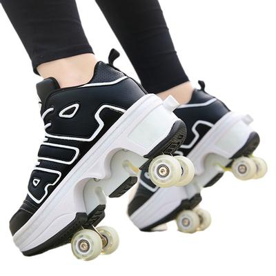 Zapatos de Correr para Niños Adultos Zapatos Deformados de Polea Estudiantes Niñas Niños Deslizantes Zapatos de Doble Fila con Ruedas Cuatro Ruedas