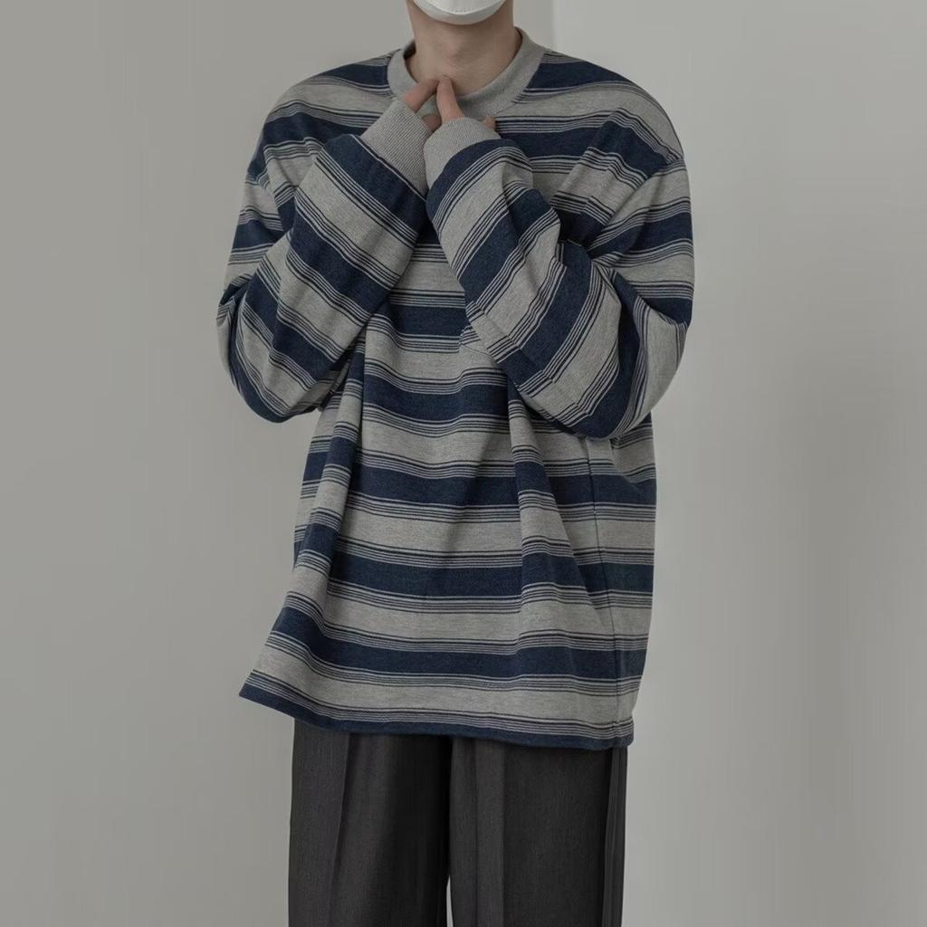Spring and Autumn New Men's Temperament Casual Round Neck Long-sleeved T-shirt Striped Loose Long-sleeved Sweatshirt Niche Striped Color Matching