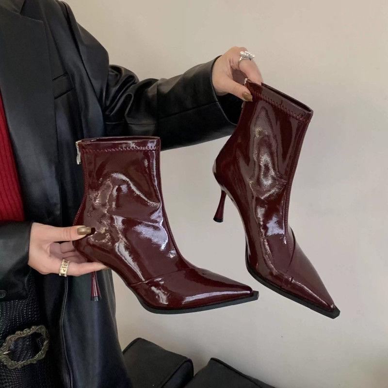 French Women's Stiletto Heel Black Patent Leather Ankle Boots - Elegant & Versatile for Autumn/Winter 2025