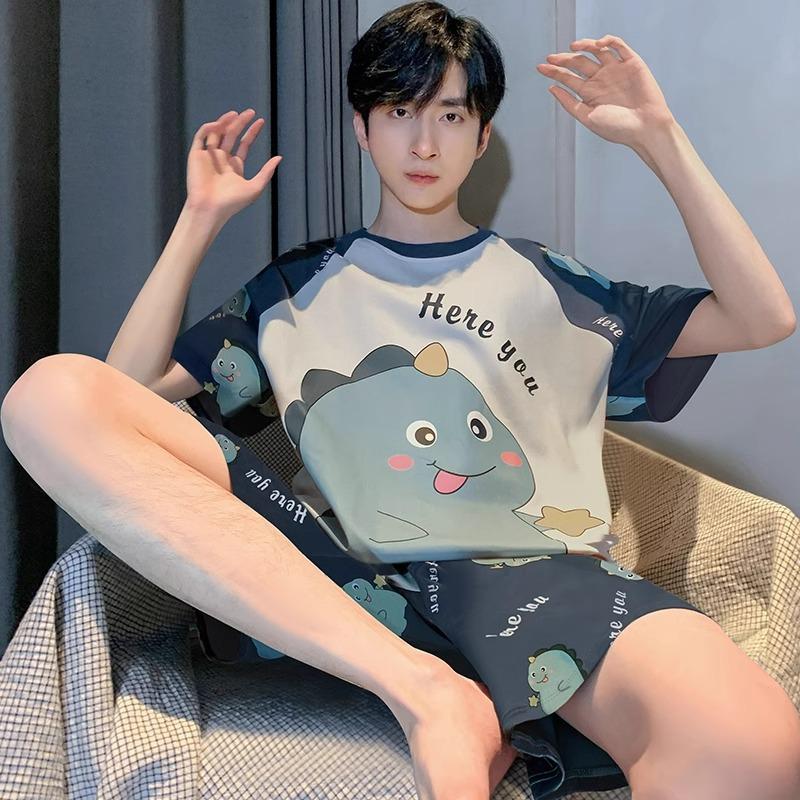 

Комплект из 2 предметов, мужская пижама, шорты с коротким рукавом, свободный, удобный, повседневный, простой костюм с круглым вырезом, полосатый топ, шорты, летняя одежда для сна 4XL