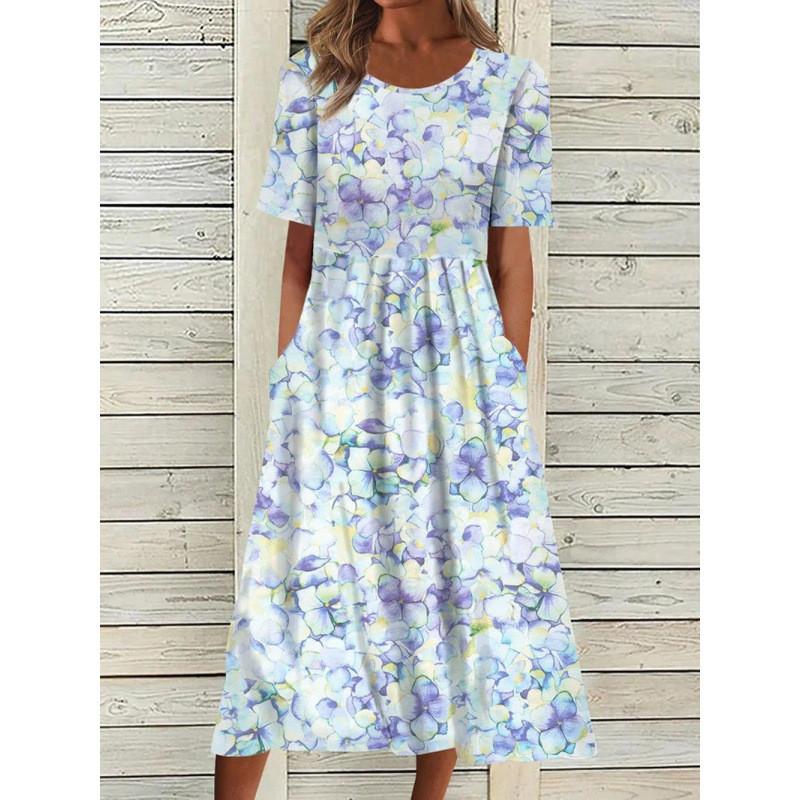 Summer Casual Women Dress With Floral Print And Large Skirt For Daily Wear