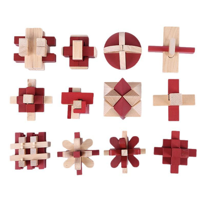 Two-Color Three-Way Luban Kongming Lock: Children's Early Education Beechwood Puzzle Toy