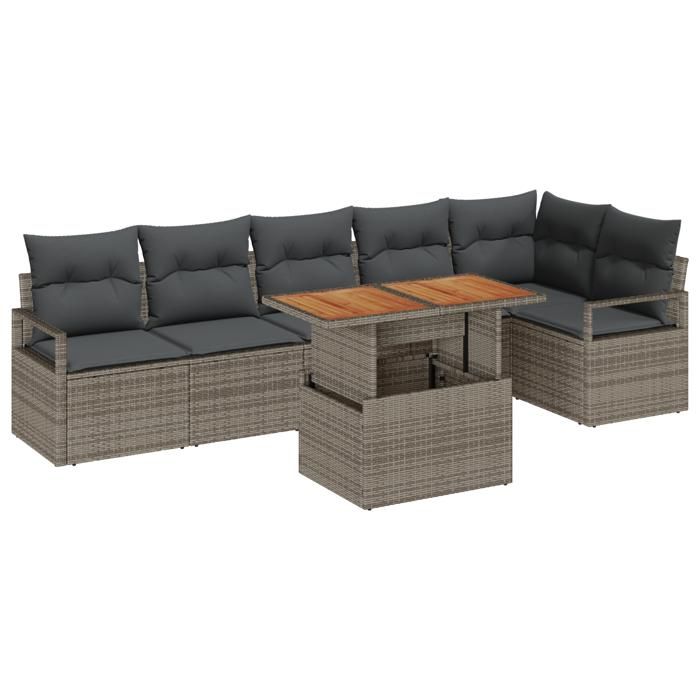 Canapé de jardin 7 pièces avec coussins gris poly rattan, Canapé 2 places avec coussins gris poly rattan 3349719