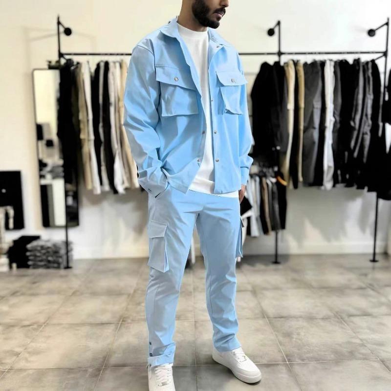 Mens Fashion Casual Workwear Multiple Pockets Long Sleeve Jacket And Pants Set S синий