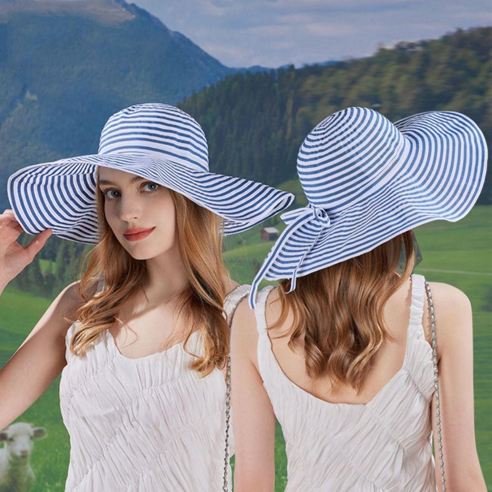 Bow Stripe Bucket Hat Wide Brim Sun Protection Cap Casual Fisherman Hat  Hiking