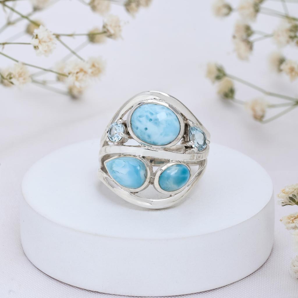 925 Sterling Silver Larimar & Blue Topaz Statement Ring – Handmade Ocean-Inspired Gemstone Jewelry, Girl's Blue Ring