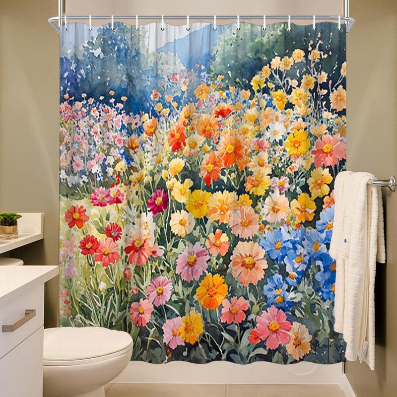 Field of Flowers Shower Curtain - Watercolor Design, Polyester, 12 Hooks, 70.8x70.8 Inches, Washable