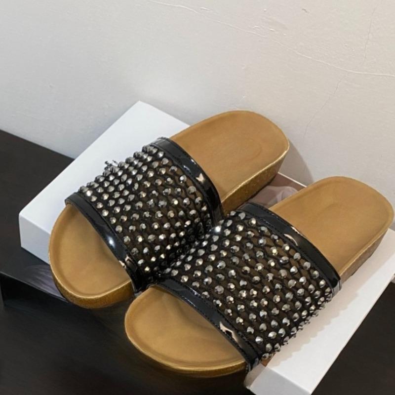 

New Summer Women s Shoes Round Toe Bright Mesh Sleeve Wear Rhinestone Hollow-out Non-slip Flat Casual Sandals 40 чорний