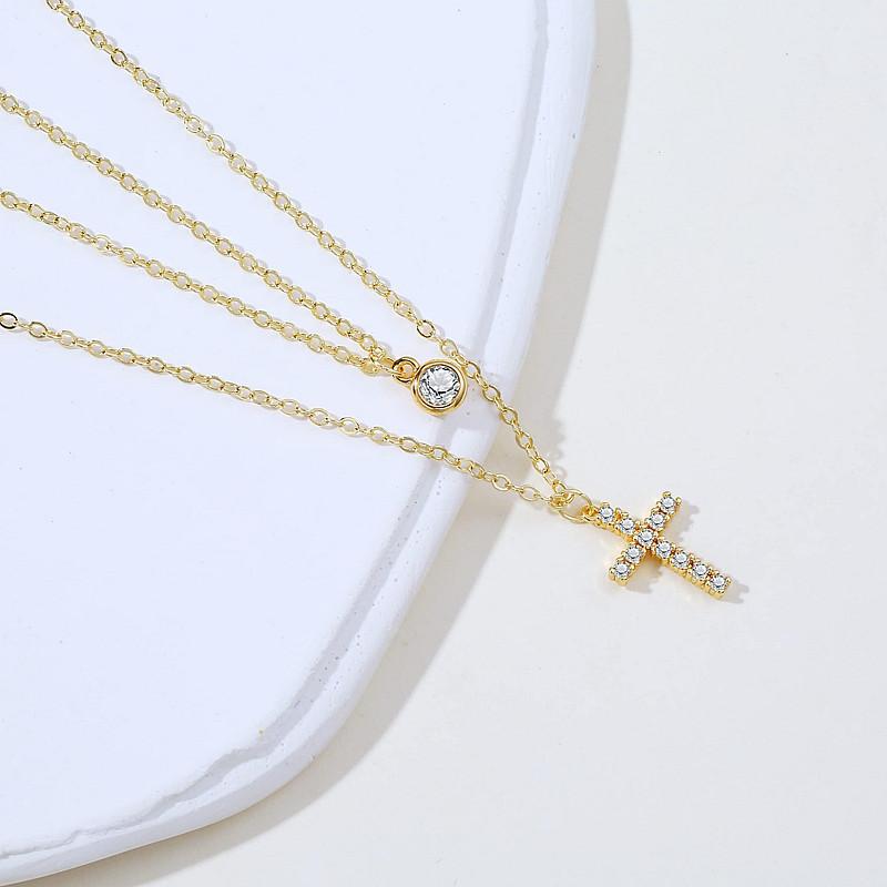 Hot-selling Necklace Fashion Temperament Zircon Pendant Clavicle Chain Women's Double-layer Diamond-encrusted Cross Necklace
