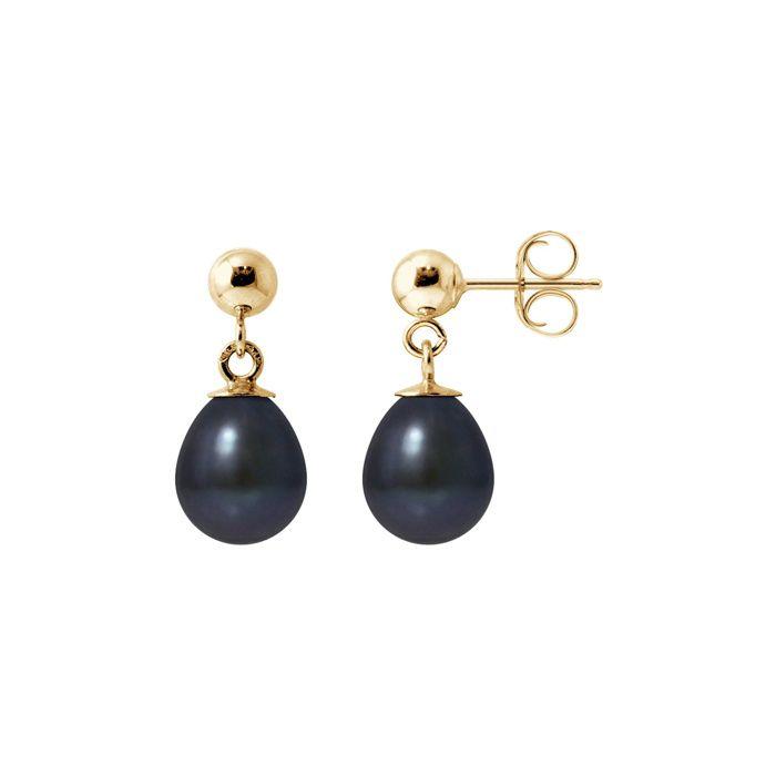 Boucles d'Oreilles - Pearls & Colors - Comète - Perles de Culture Noires 7-8 mm - Or Jaune 9 Cts - Femme