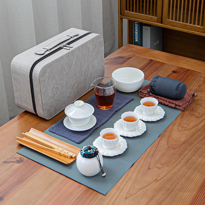 Tea Artist Tea Art Teaching Tea Set Travel Kung Fu Tea Set Suet Jade White Porcelain Cover Bowl Teacup Gift