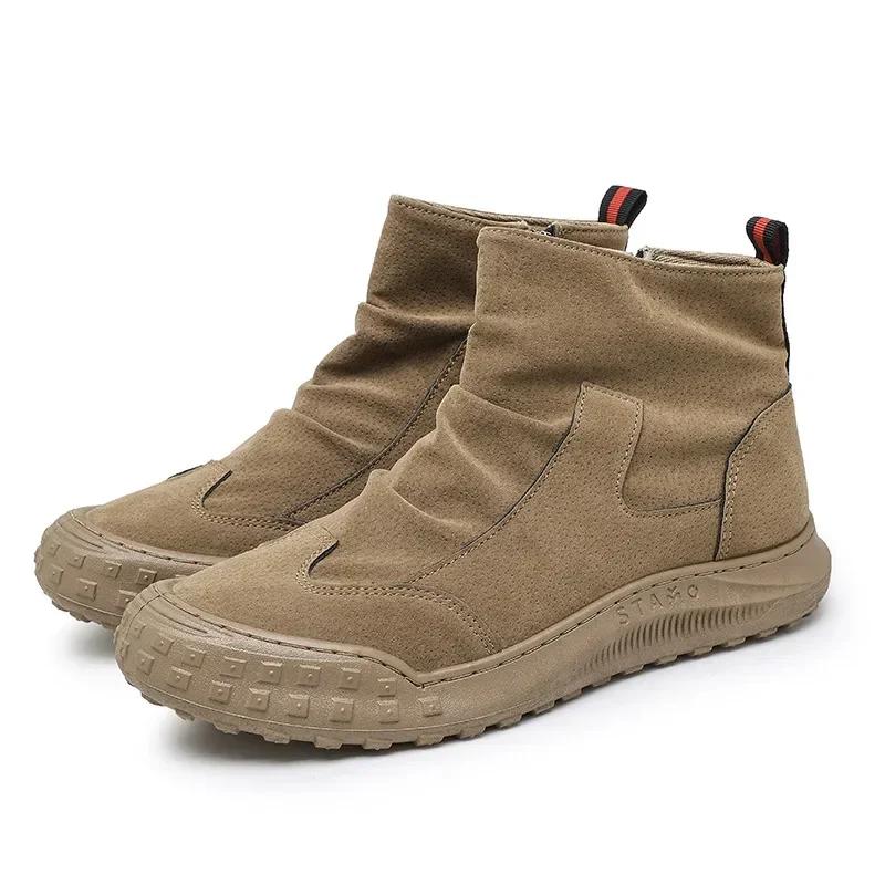 Fashion Mens Boots High Cut Workwear Shoes for Male Autumn Flat Zipper Pleated Non Slip Comfort Thick Soled Wear-resistant Fashion Boots
