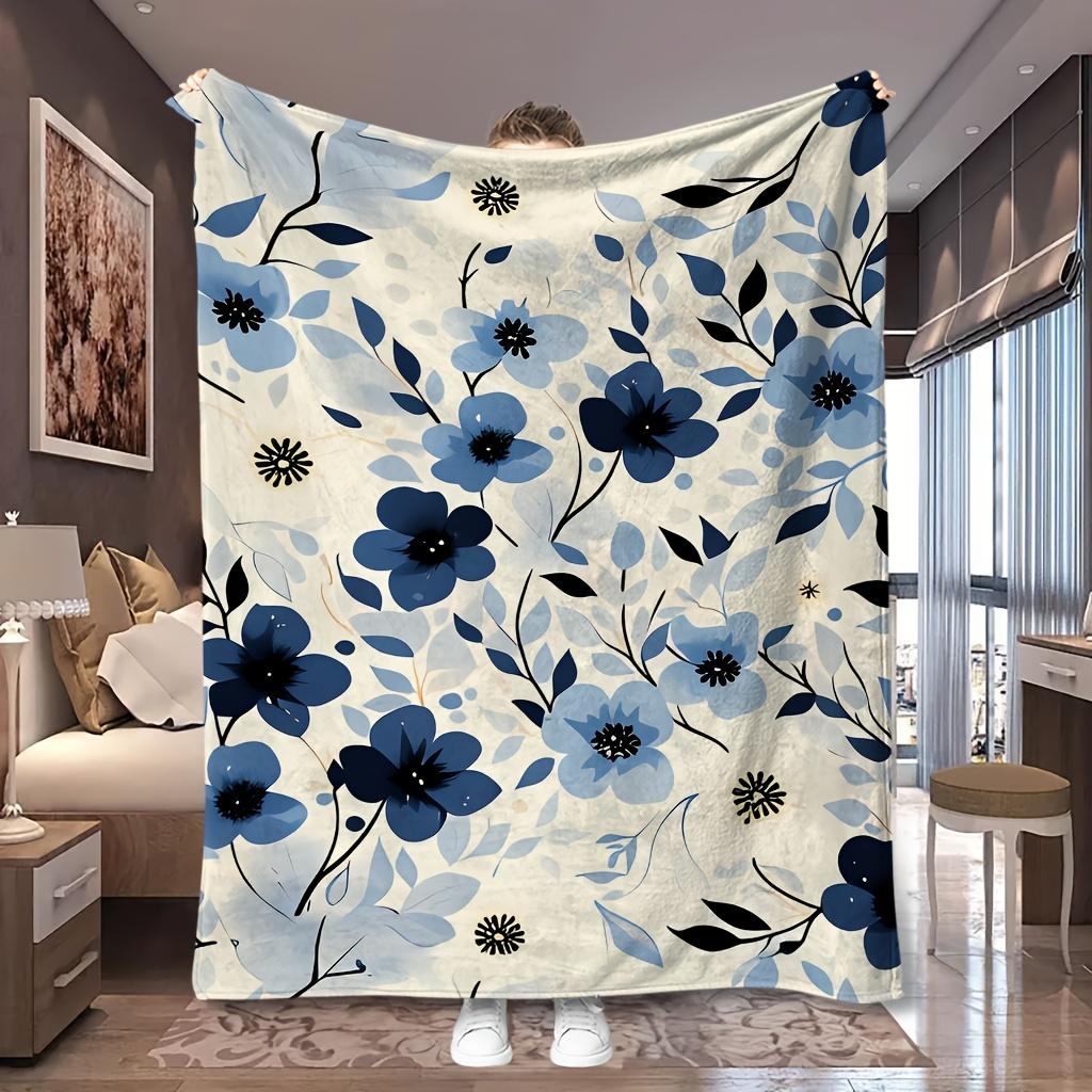 1pc Dark Blue Floral Minimalist All-Over Print Flannel Blanket, Comfortable And Practical, Suitable for Blankets, Bed Covers, Do
