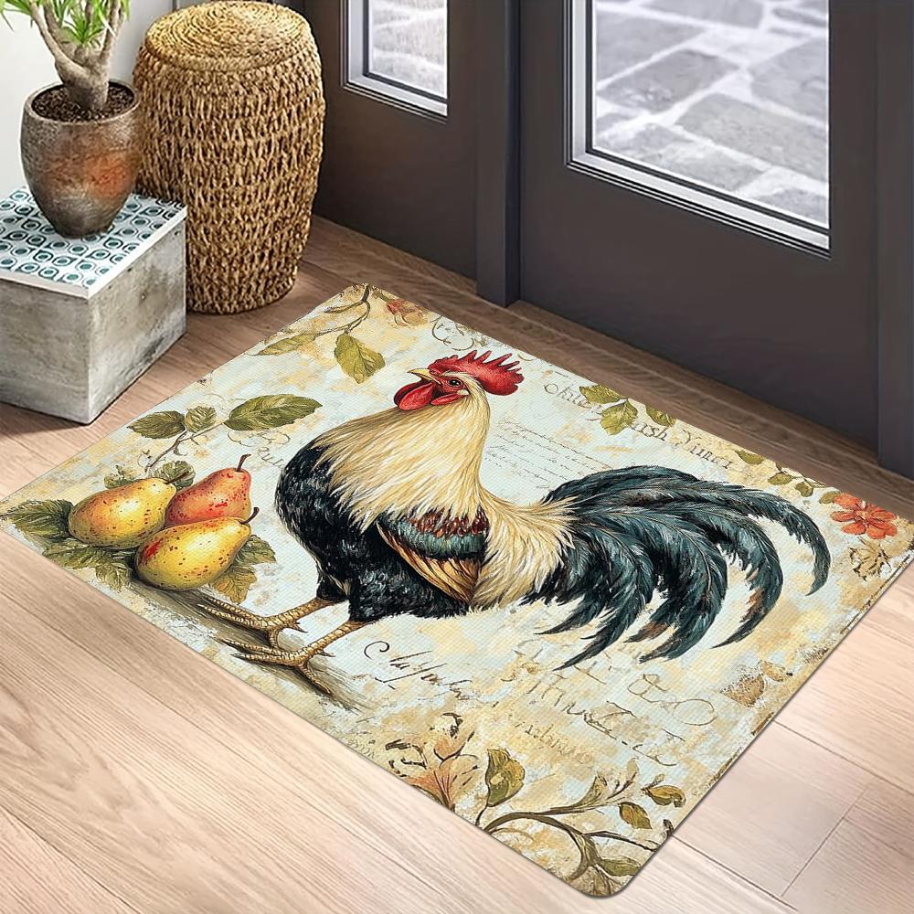 Retro Rooster Print Doormat Anti-Slip Entryway Rug Washable Bedroom Kitchen Bath Mat Polyester Home Decor Carpet