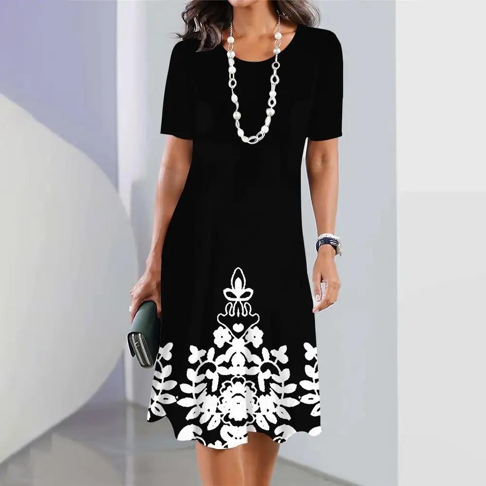 Womens Dresses 3d Gradient Geometric Printhing Dress Crushed Flower Short Sleeves Party Clothing Elegant Tops Retro A-Line Skirt