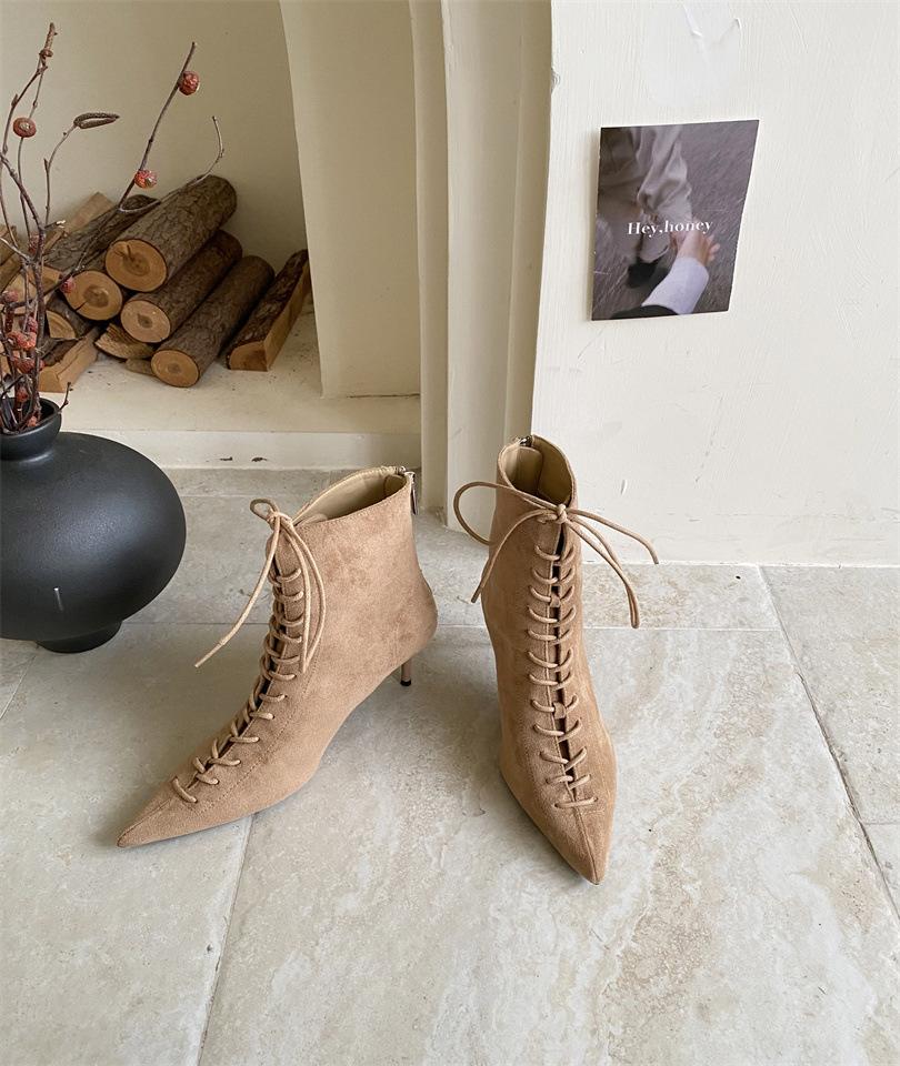 

2025 autumn new European and American pointed head thin heel high heel temperament French fashion sexy lace-up women s short boots 39 хаки