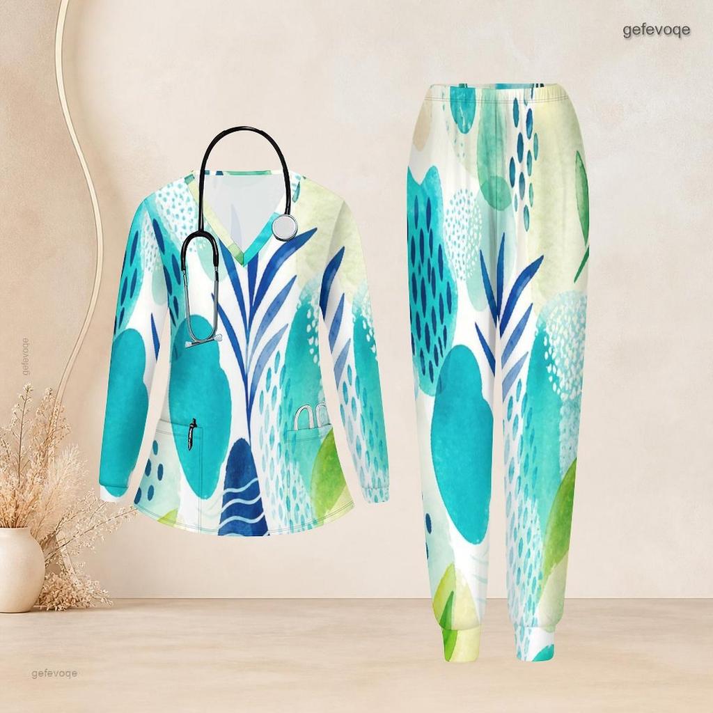 Women Plus Size Printed Nurse Scrub Set V Neck Long Sleeve Top With Pockets Long Pants Two Piece