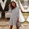 Women Casual Summer Mini Dress V-neck Single Breasted Print Above Knee Three Quarter Sleeve Sizes S-XL Black White Burgundy