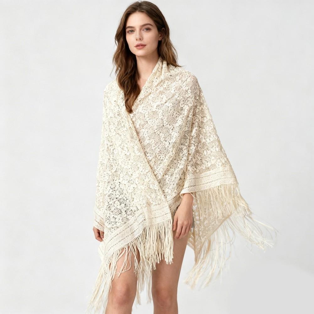 Versatile 140×140cm Lace Shawl Elegant Hollowed-out Design Knitted Shawl Breathable Tassel Shawl for Women