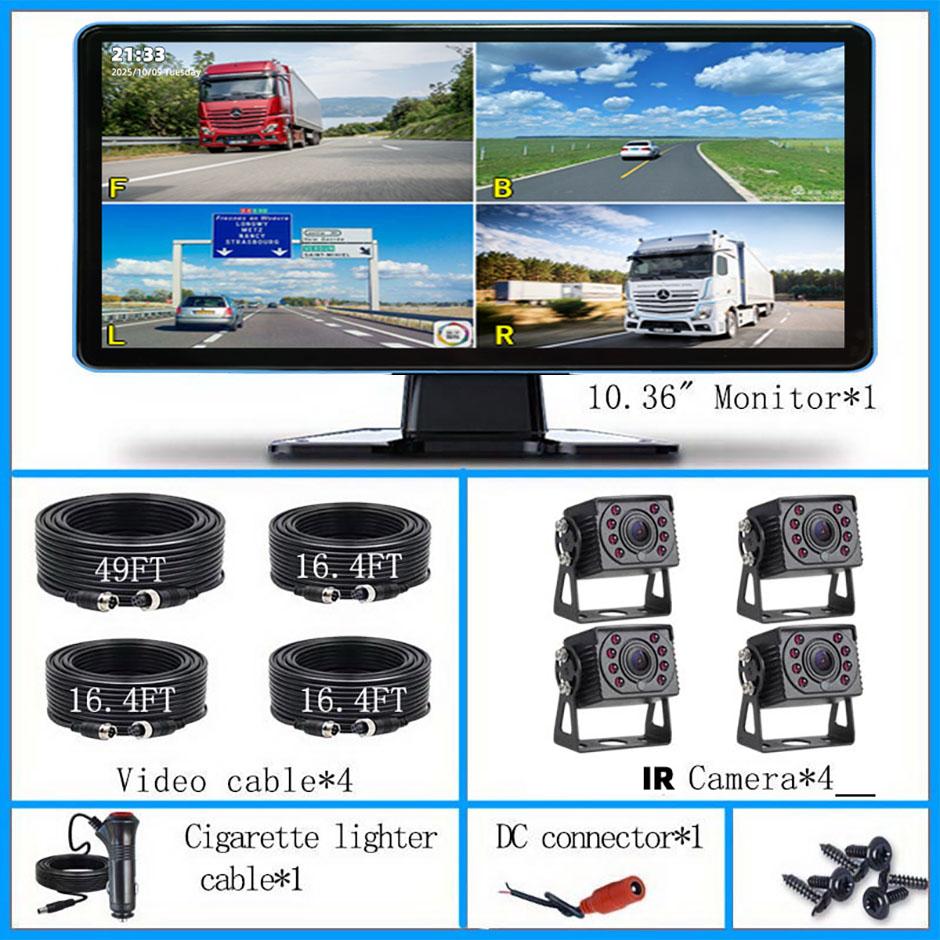 4 Channels Vehicle DVR Recorder System Infrared Night Vision 10.36 Inch 1080P AHD Backup Cameras MP5 FM Touch Monitor For Truck