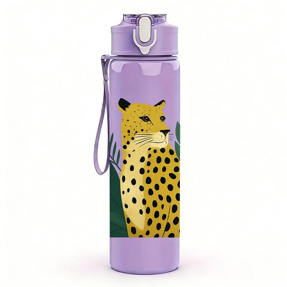 1PC Jungle Leopard Plant Leaf Portrait 750ml Color Plastic Sports Water Bottle Leakproof Flip Straw Lid Suitable for Sports Office Home Use