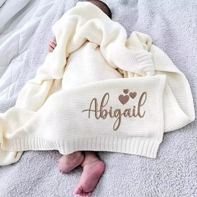 Personalized Kid Name Baby Blanket Embroidered New Born Baby Blanket Stroller Swaddles Breathable Cotton Knitted Blanket Bedding