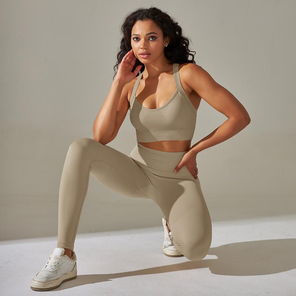 Seamless Knitted Solid Color Cross Back Tight Yoga Suit Set For Sports Running And Fitness Nine Leg Pants