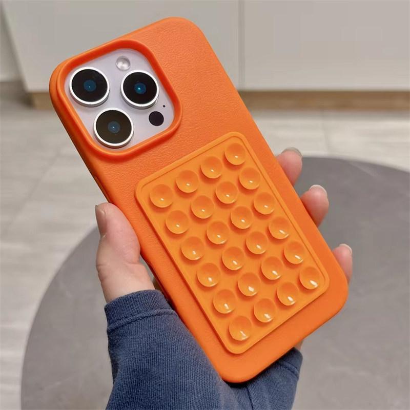 Luxury 3D Suction Cup Stand Litchi Pattern Phone Case For iPhone17 16 15 14 Plus 13 12 11 Pro Max XR X XS Soft Shockproof Cover