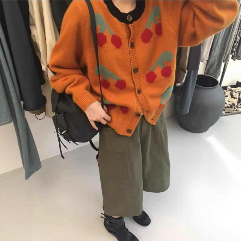 

Autumn Womens Cute Fruit Pattern Knit Cardigan Comfortable Daily Top OneSize оранжевый