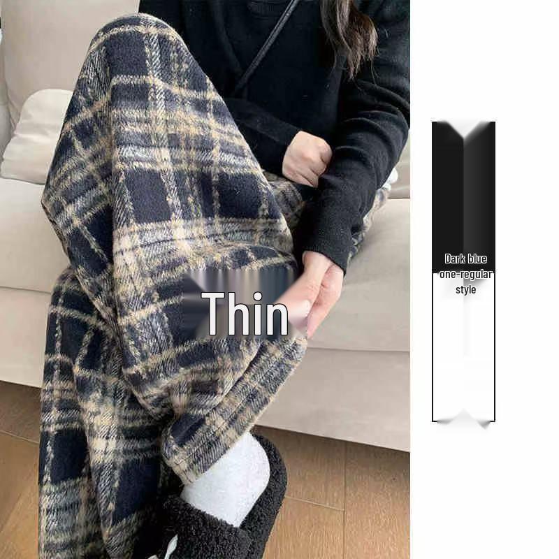 Women s High-Waist Dark Blue Plaid Fleece Pants, Slimming Drape, Wide-Leg, Casual & Thickened for Autumn/Winter 2025 XL
