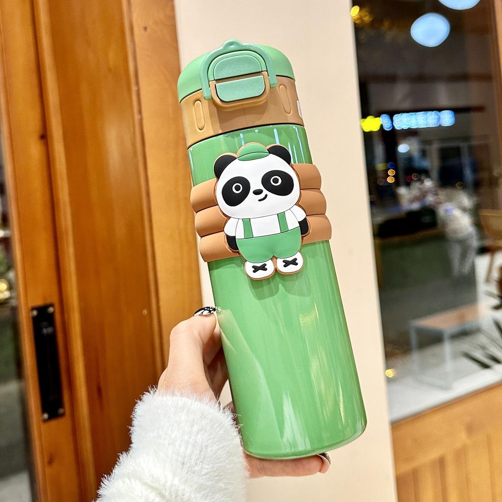 Double Drink Red Panda Large Capacity Kettle Thermos Cup Children's Cartoon Cute Straw Cup Portable Rope Water Cup