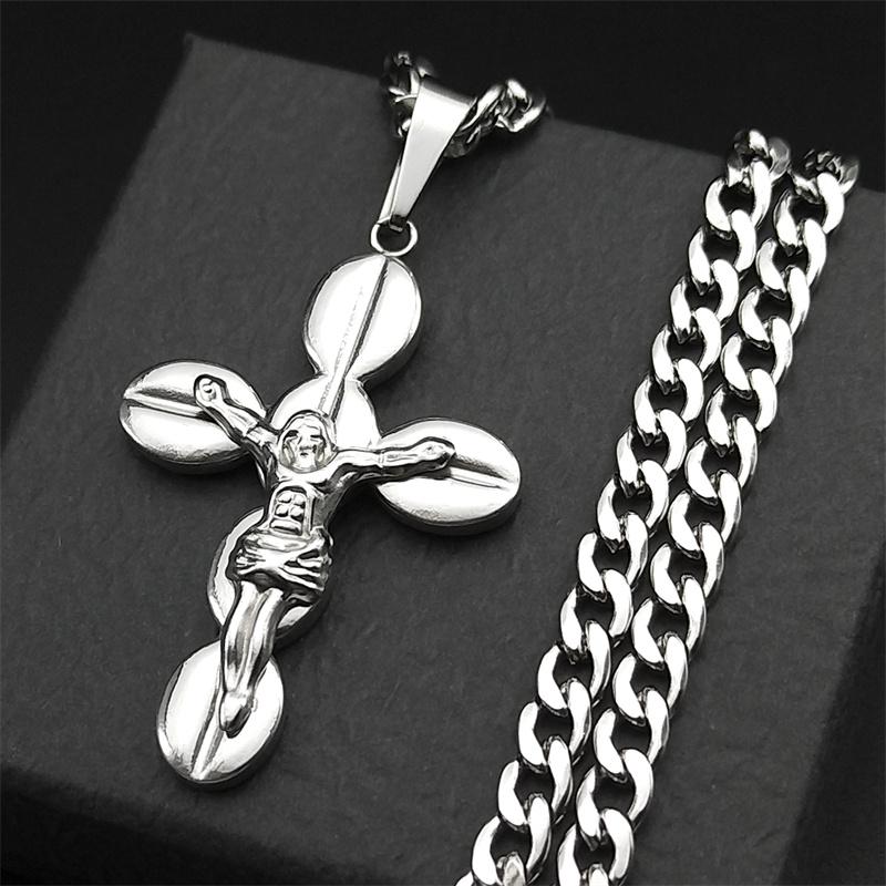 Catholic Jesus Cross Crucifix Pendant Necklace for Women Men Stainless Steel Gold Color Christ Amulet Chain Jewelry Party Gift