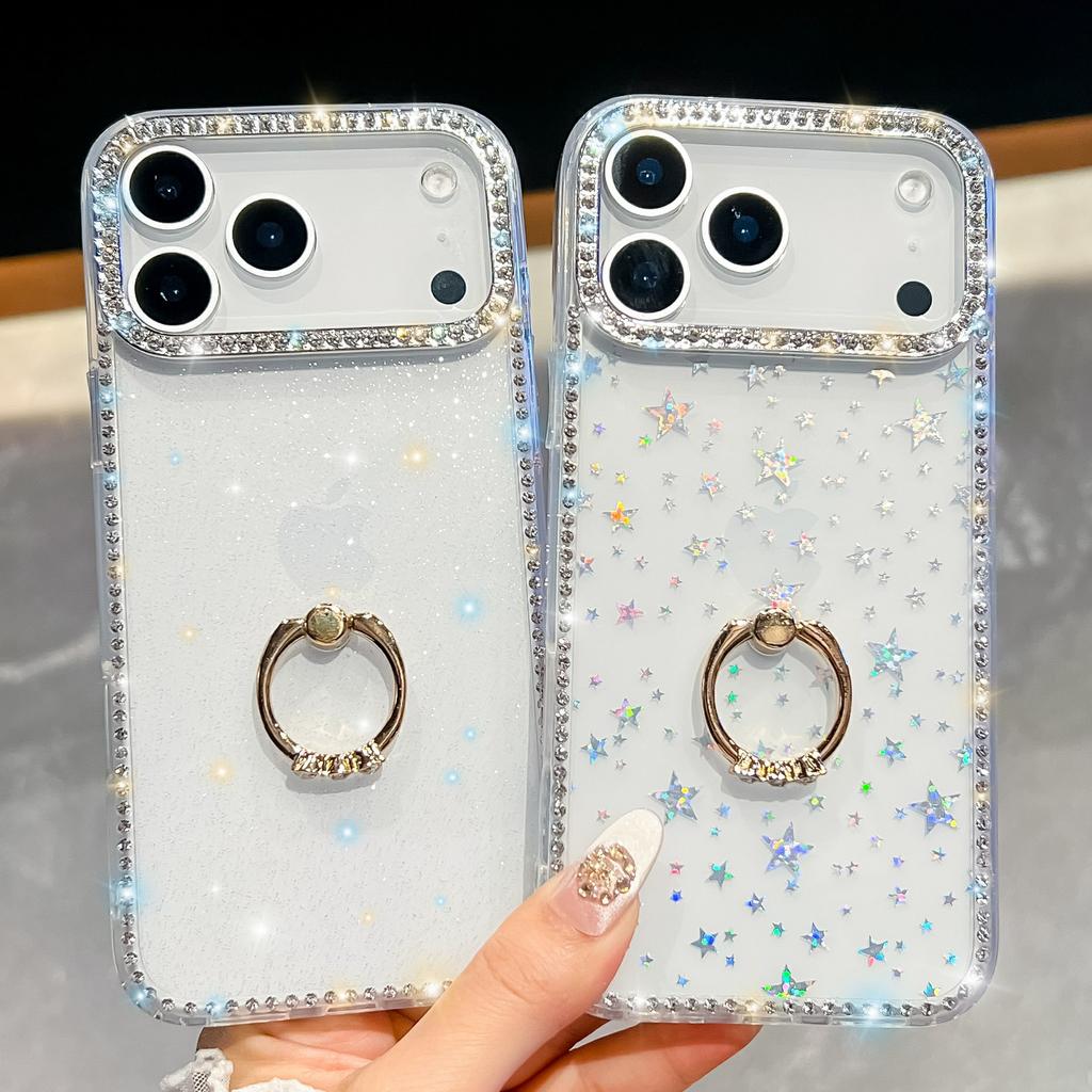 For iPhone 17 Pro Max Case with Ring Kickstand Rhinestone Edge TPU+PC IMD Phone Cover