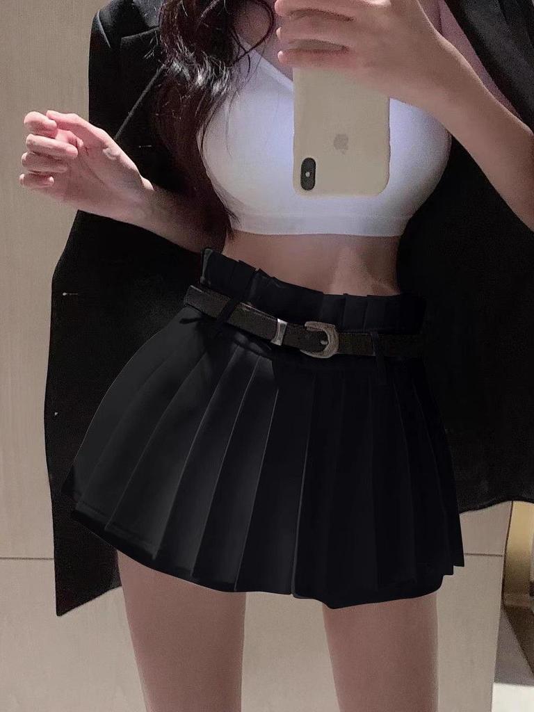 European & American Style Petite High-Waist Belted Pleated Skort for Spring To Autumn
