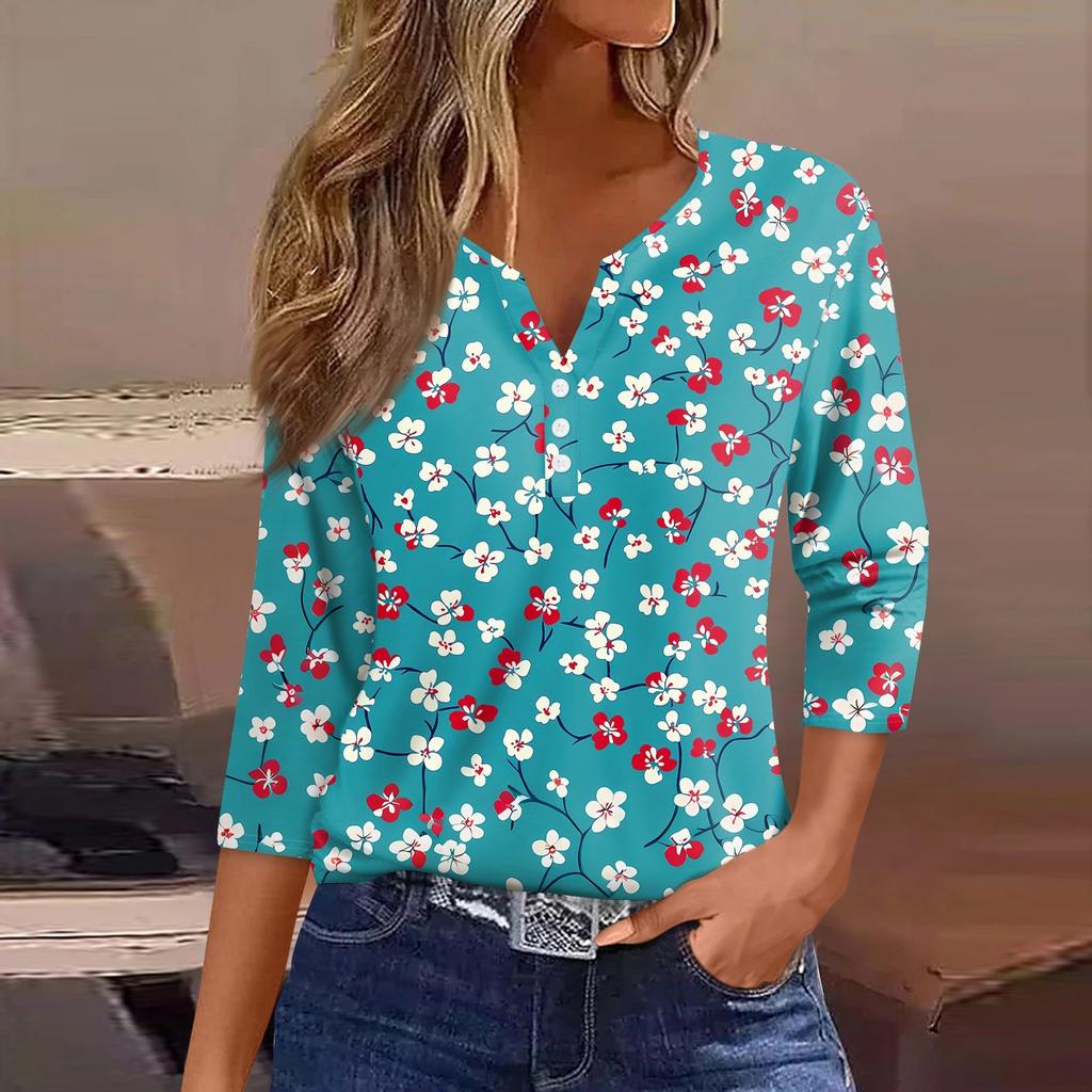 Women's T Shirt Print Button 3/4 Sleeve Daily Weekend Fashion Basic V- Neck Regular Top