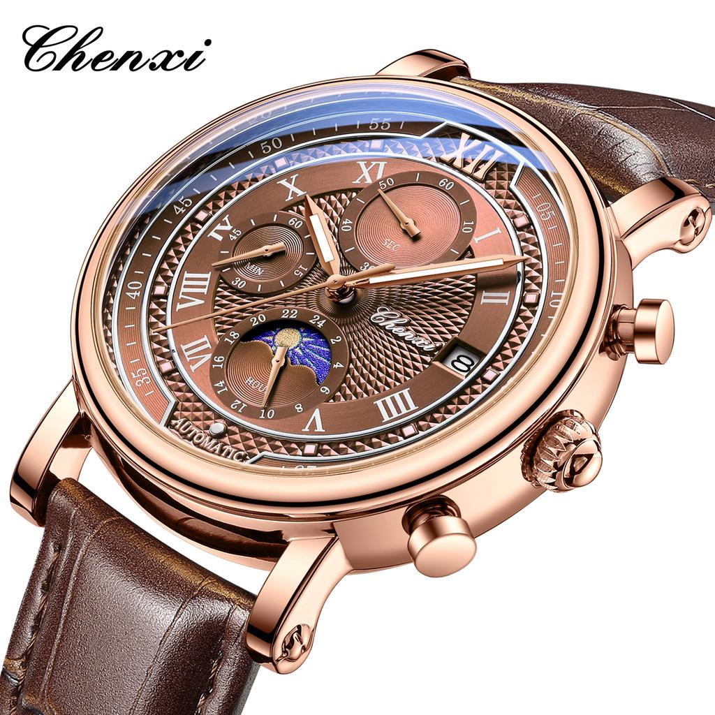 CHENXI 976 Men Quartz Watch luxury Brand Moon Phase Date Multifunctional Chronograph Leather Strap Wristwatch Business Gift