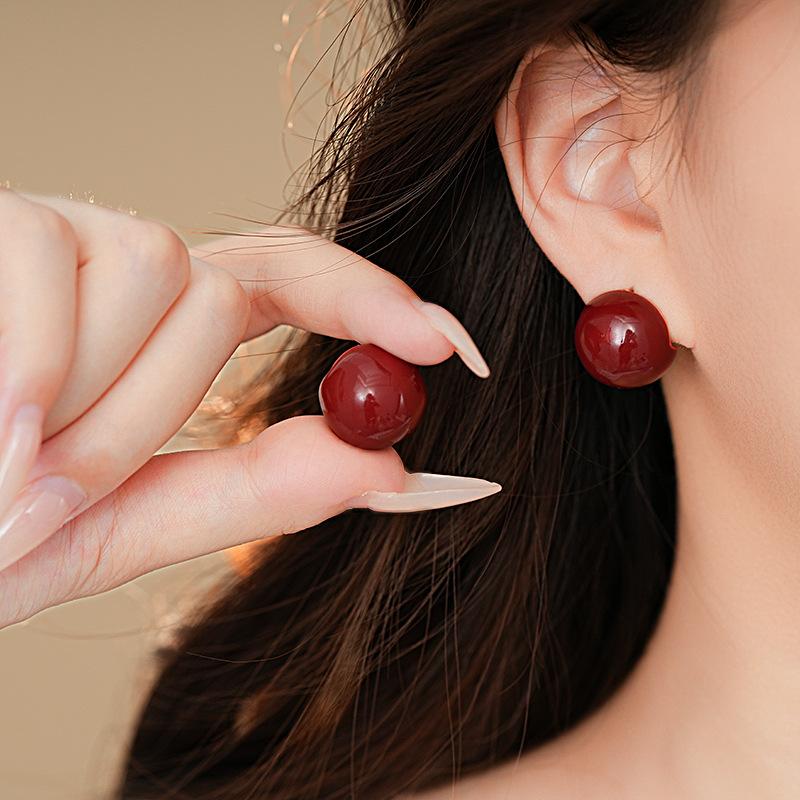 Ankara Red Oil Dripping Beanie Stud Earrings Temperament Trendy Earrings Women's French Earrings