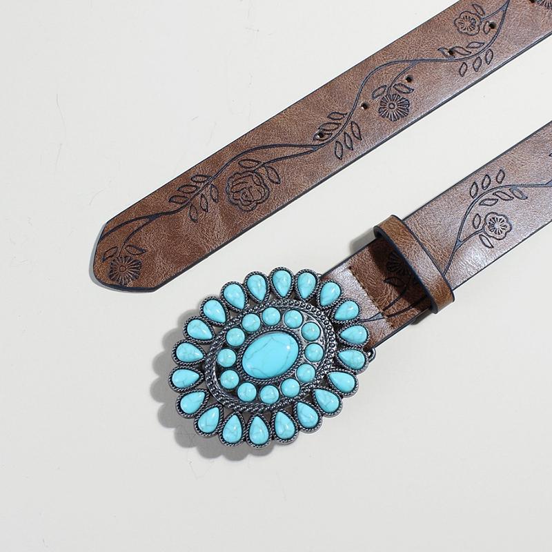 Ladies Wear The Classic Western Belt Embossed Pu Leather Bohemian Style Oval Turquoise Buckle Waist Band