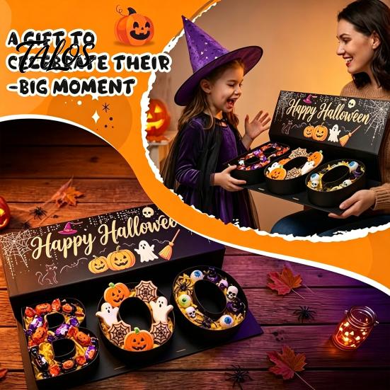 Candy Exchange Boxes Happy Halloween Gift Box, BOO Letter Shaped Treat Container with for Ribbon, Reusable Paper Sweet Holder, Party Table Decor,