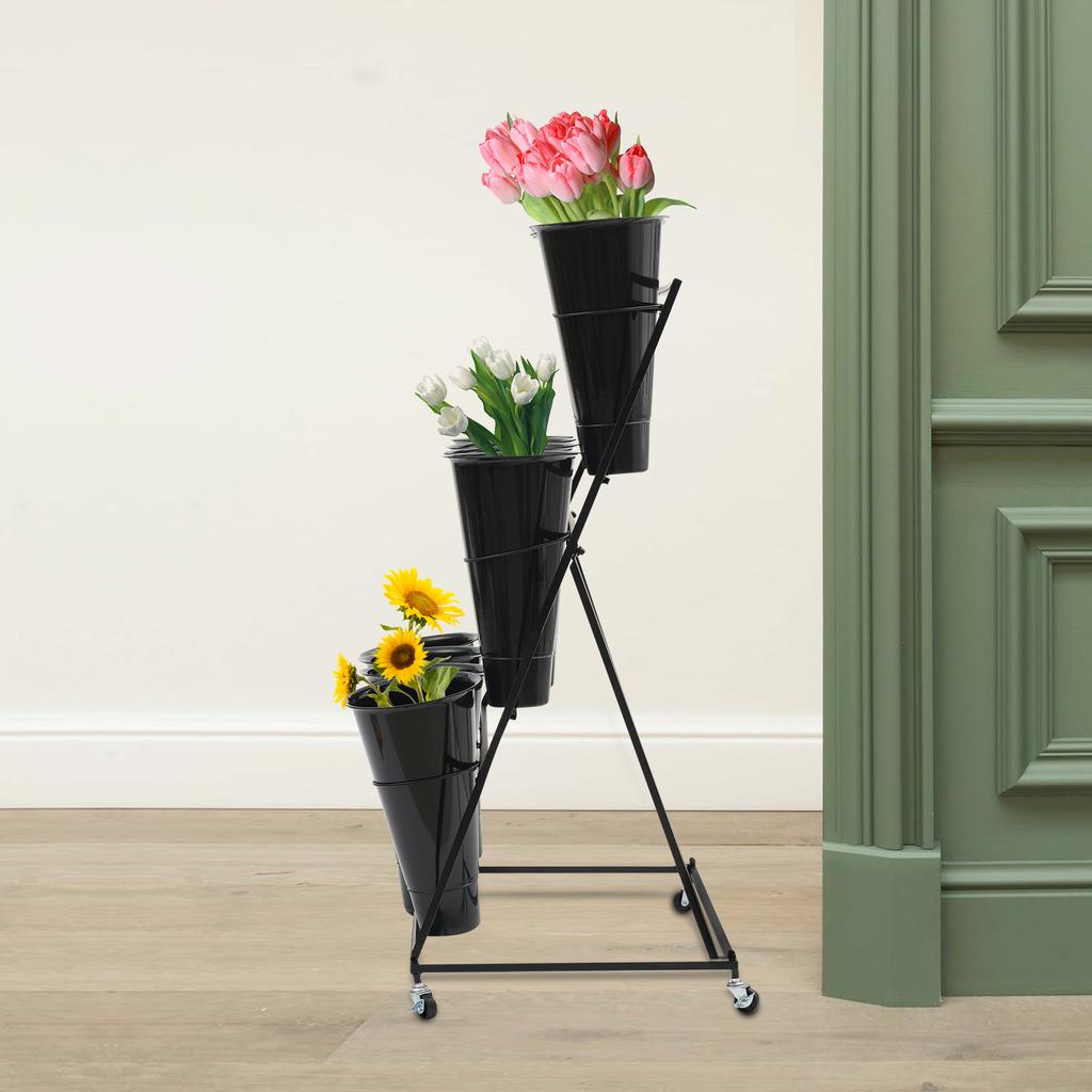 3 Tiers Iron Flower Stand W/12 Plastic Flower Buckets ,Suitable for Organizing and Displaying Potted Plants