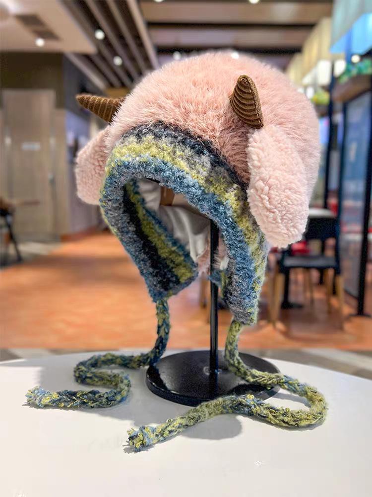 Simpatico Cappello di Peluche in Lana d'Agnello - Autunno/Inverno da Donna Caldo con Lacci Lavorato a Maglia Protezione Orecchie Versatile Pullover.