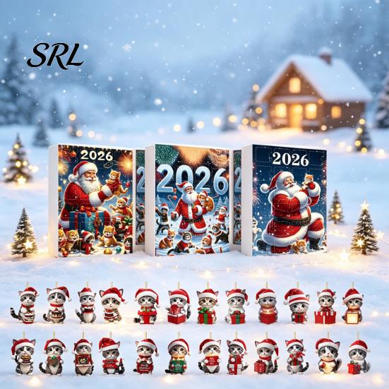 Christmas Tree Decorations Hanging Ornaments 2026 Cat Advent Calendar, 24 Days Countdown Calendar with Festive Home Decor Santa Hat Kitten 2D Acrylic