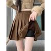 Plus Size Pleated Mallard Brown Suede Skirt - High Waist, Anti-Exposure, Short Skirt for Spring/Autumn